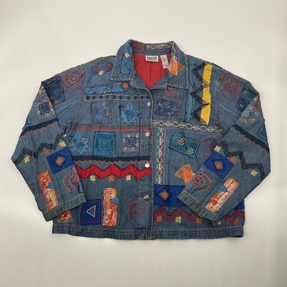 Vintage Chico's Denim Jacket Womens 2 Silk Patxhwork Designs Womens L/12 - Picture 1 of 14